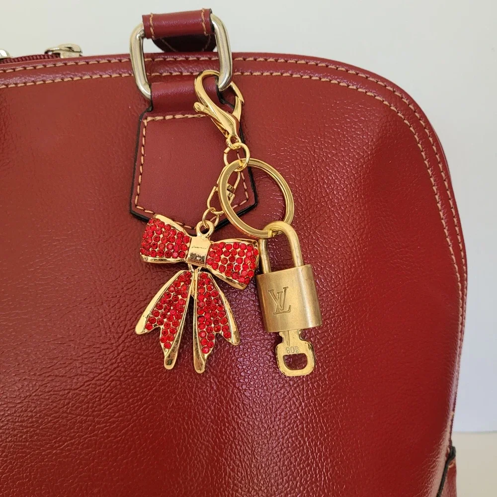 Louis Vuitton Padlock 308 Key Red Rhinestone Bow Bag Charm Keychain Gold Tone